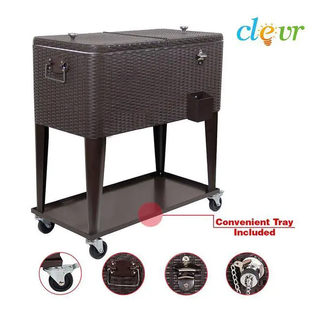 Alt view image 4 of 6 - 80 Quart Qt Rolling Cooler Ice Chest Cart for Outdoor Patio Deck Party, Dark Brown Wicker Faux Rattan Tub Trolley, Portable Backyard Party Drink Beverage Bar, Wheels with Shelf & Bottle Opener