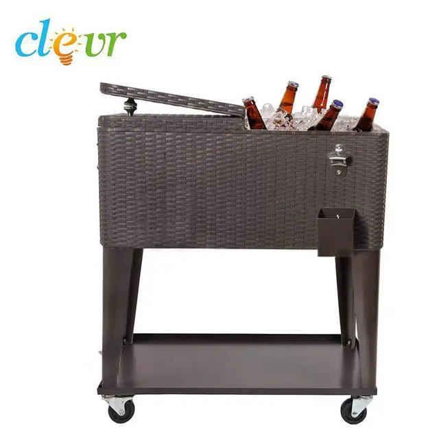 Alt view image 5 of 6 - 80 Quart Qt Rolling Cooler Ice Chest Cart for Outdoor Patio Deck Party, Dark Brown Wicker Faux Rattan Tub Trolley, Portable Backyard Party Drink Beverage Bar, Wheels with Shelf & Bottle Opener