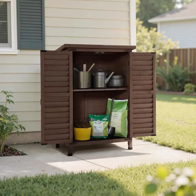 Alt view image 2 of 6 - Outdoor Storage Cabinet, Small Storage Shed with Removable Shelf, Wood Garden Shed with 2 Doors for Yard Patio Lawn (24.6 x 18.3 x 38.2 inch) 0985 (Brown)