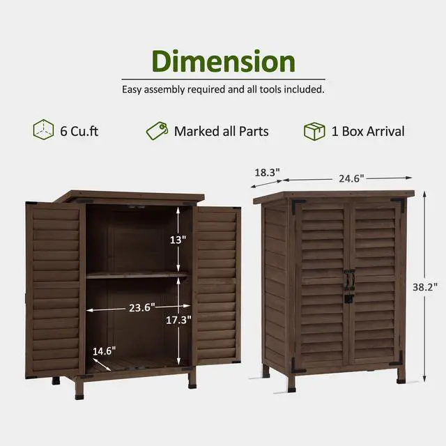 Alt view image 3 of 6 - Outdoor Storage Cabinet, Small Storage Shed with Removable Shelf, Wood Garden Shed with 2 Doors for Yard Patio Lawn (24.6 x 18.3 x 38.2 inch) 0985 (Brown)