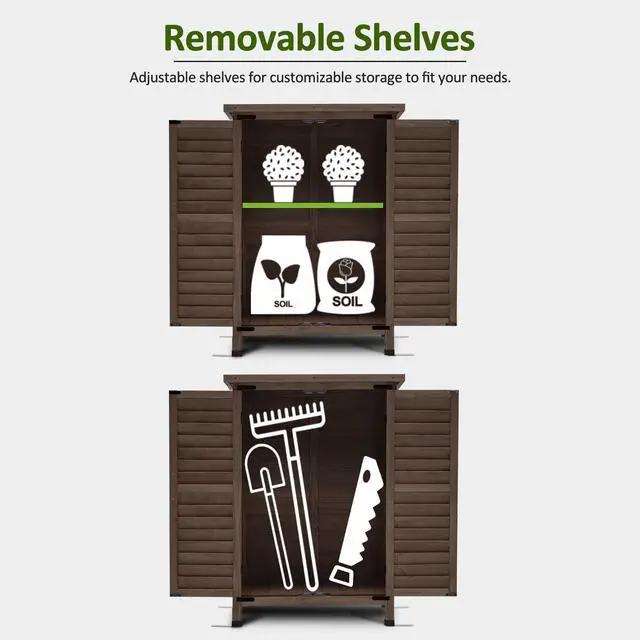 Alt view image 4 of 6 - Outdoor Storage Cabinet, Small Storage Shed with Removable Shelf, Wood Garden Shed with 2 Doors for Yard Patio Lawn (24.6 x 18.3 x 38.2 inch) 0985 (Brown)