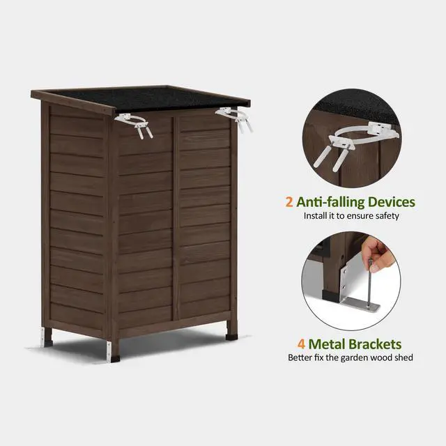 Alt view image 6 of 6 - Outdoor Storage Cabinet, Small Storage Shed with Removable Shelf, Wood Garden Shed with 2 Doors for Yard Patio Lawn (24.6 x 18.3 x 38.2 inch) 0985 (Brown)