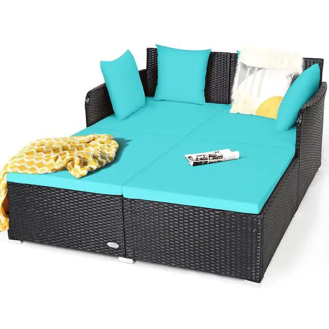 Main image of Outdoor Rattan Daybed, Patio Sunbed Sofa Set with Cushion & Pillows, Sturdy Aluminum Foot, Wicker Patio Furniture Double Bed Lounger for Garden Porch Poolside