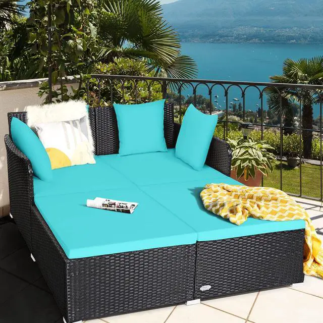 Alt view image 2 of 6 - Outdoor Rattan Daybed, Patio Sunbed Sofa Set with Cushion & Pillows, Sturdy Aluminum Foot, Wicker Patio Furniture Double Bed Lounger for Garden Porch Poolside