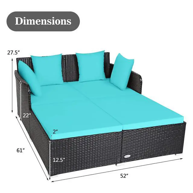 Alt view image 3 of 6 - Outdoor Rattan Daybed, Patio Sunbed Sofa Set with Cushion & Pillows, Sturdy Aluminum Foot, Wicker Patio Furniture Double Bed Lounger for Garden Porch Poolside