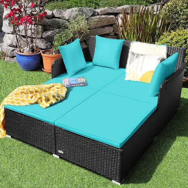 Alt view image 4 of 6 - Outdoor Rattan Daybed, Patio Sunbed Sofa Set with Cushion & Pillows, Sturdy Aluminum Foot, Wicker Patio Furniture Double Bed Lounger for Garden Porch Poolside