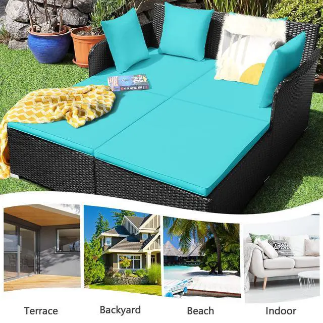 Alt view image 5 of 6 - Outdoor Rattan Daybed, Patio Sunbed Sofa Set with Cushion & Pillows, Sturdy Aluminum Foot, Wicker Patio Furniture Double Bed Lounger for Garden Porch Poolside