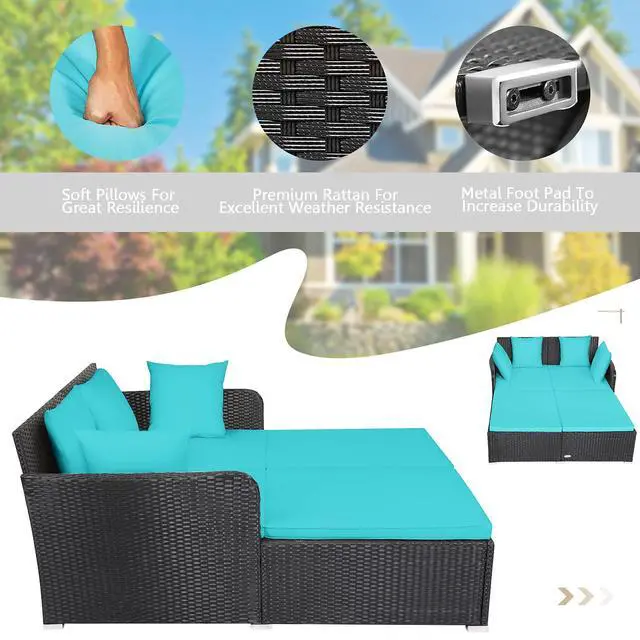 Alt view image 6 of 6 - Outdoor Rattan Daybed, Patio Sunbed Sofa Set with Cushion & Pillows, Sturdy Aluminum Foot, Wicker Patio Furniture Double Bed Lounger for Garden Porch Poolside
