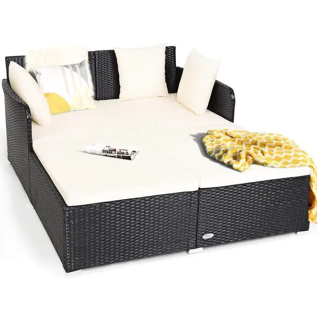 Main image of Outdoor Rattan Daybed, Patio Sunbed Sofa Set with Cushion & Pillows, Sturdy Aluminum Foot, Wicker Patio Furniture Double Bed Lounger for Garden Porch Poolside
