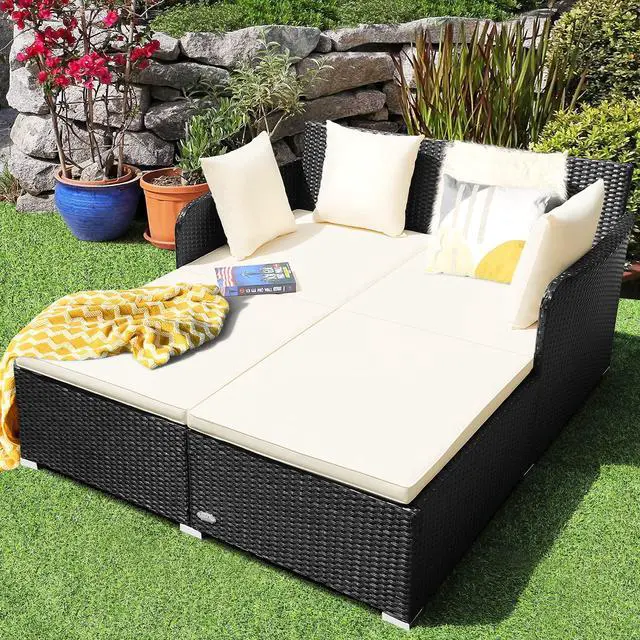 Alt view image 2 of 6 - Outdoor Rattan Daybed, Patio Sunbed Sofa Set with Cushion & Pillows, Sturdy Aluminum Foot, Wicker Patio Furniture Double Bed Lounger for Garden Porch Poolside