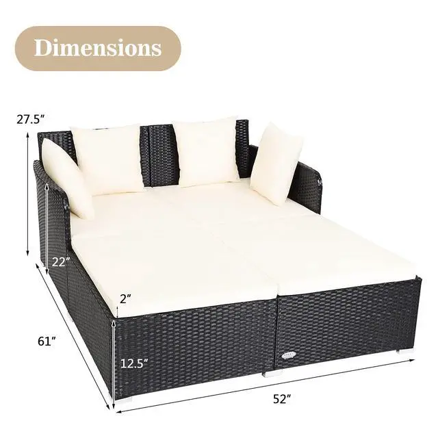 Alt view image 3 of 6 - Outdoor Rattan Daybed, Patio Sunbed Sofa Set with Cushion & Pillows, Sturdy Aluminum Foot, Wicker Patio Furniture Double Bed Lounger for Garden Porch Poolside