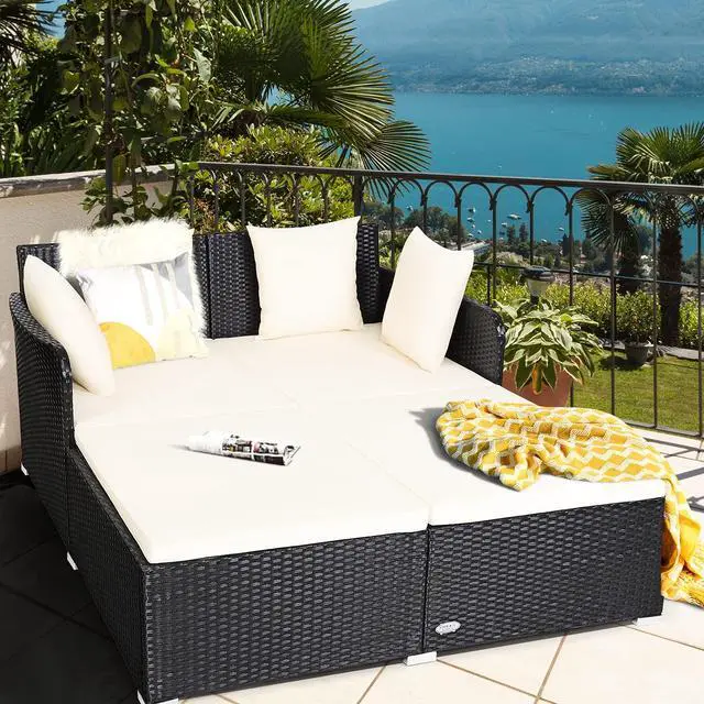 Alt view image 4 of 6 - Outdoor Rattan Daybed, Patio Sunbed Sofa Set with Cushion & Pillows, Sturdy Aluminum Foot, Wicker Patio Furniture Double Bed Lounger for Garden Porch Poolside
