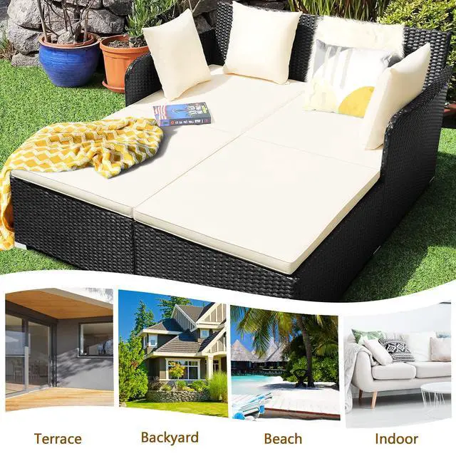Alt view image 5 of 6 - Outdoor Rattan Daybed, Patio Sunbed Sofa Set with Cushion & Pillows, Sturdy Aluminum Foot, Wicker Patio Furniture Double Bed Lounger for Garden Porch Poolside