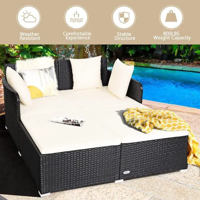 Alt view image 6 of 6 - Outdoor Rattan Daybed, Patio Sunbed Sofa Set with Cushion & Pillows, Sturdy Aluminum Foot, Wicker Patio Furniture Double Bed Lounger for Garden Porch Poolside