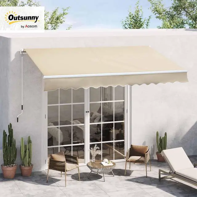 Alt view image 2 of 6 - 12' x 8' Retractable Awning Patio Awnings Sun Shade Shelter with Manual Crank Handle, 280g/m² UV & Water-Resistant Fabric and Aluminum Frame for Deck, Balcony, Yard, Cream White