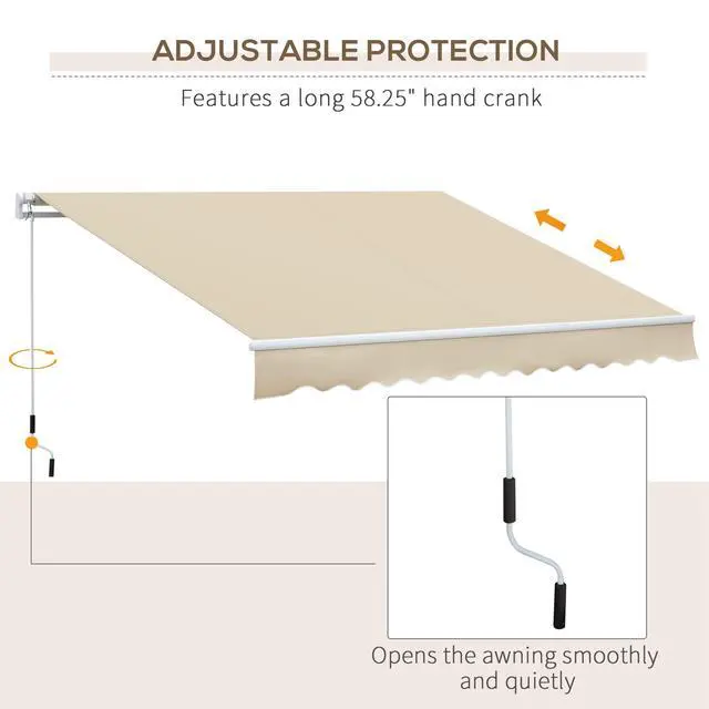 Alt view image 5 of 6 - 12' x 8' Retractable Awning Patio Awnings Sun Shade Shelter with Manual Crank Handle, 280g/m² UV & Water-Resistant Fabric and Aluminum Frame for Deck, Balcony, Yard, Cream White