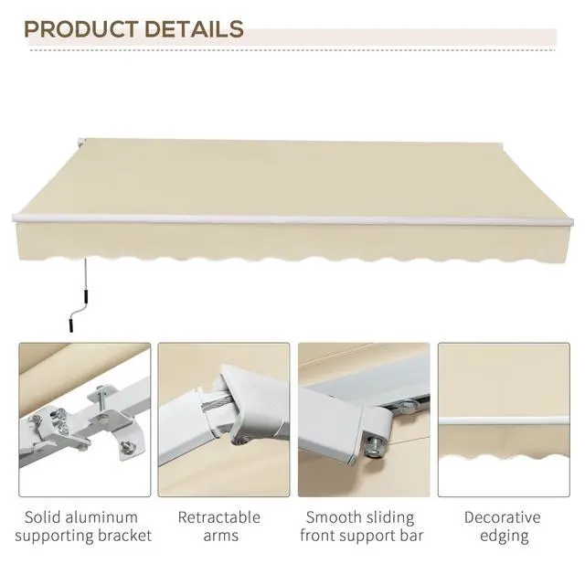 Alt view image 6 of 6 - 12' x 8' Retractable Awning Patio Awnings Sun Shade Shelter with Manual Crank Handle, 280g/m² UV & Water-Resistant Fabric and Aluminum Frame for Deck, Balcony, Yard, Cream White