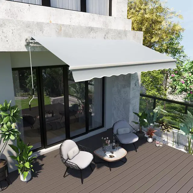 Alt view image 2 of 6 - 12' x 8' Retractable Awning Patio Awnings Sun Shade Shelter with Manual Crank Handle, 280g/m² UV & Water-Resistant Fabric and Aluminum Frame for Deck, Balcony, Yard, Light Gray