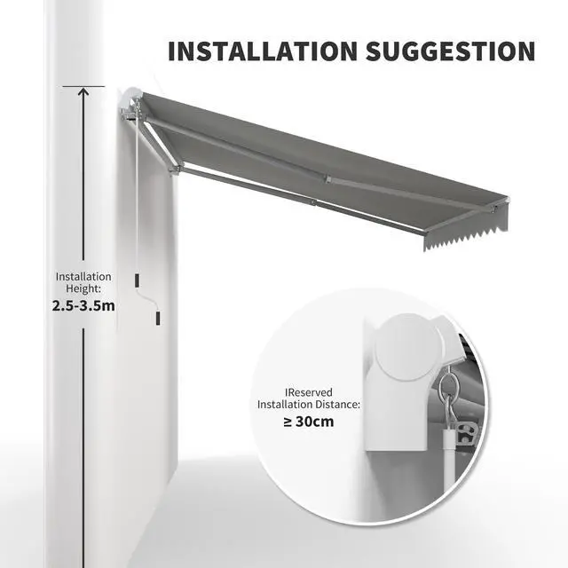 Alt view image 6 of 6 - 12' x 8' Retractable Awning Patio Awnings Sun Shade Shelter with Manual Crank Handle, 280g/m² UV & Water-Resistant Fabric and Aluminum Frame for Deck, Balcony, Yard, Light Gray
