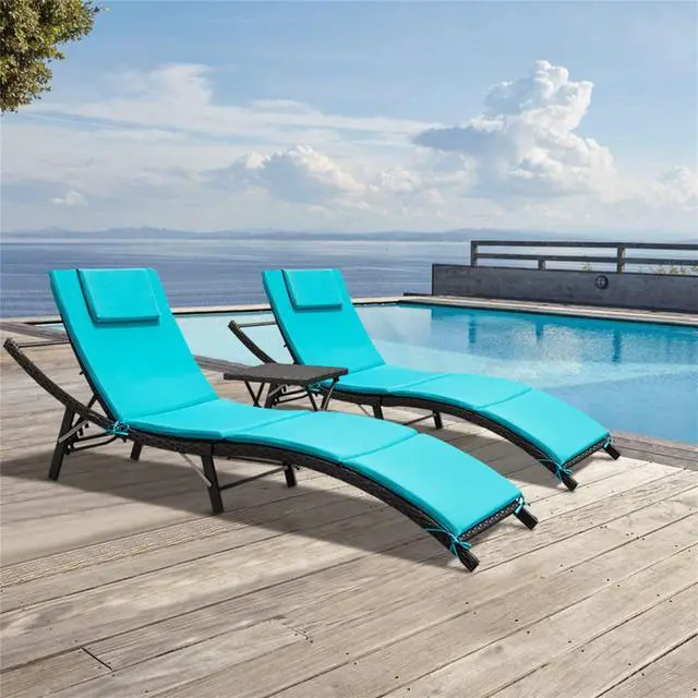 Main image of Lounge Chairs for Outside 3 Pieces Patio Adjustable Chaise Lounge Outdoor Wicker Lounge Chairs Set of 2 with Table Folding Chaise Lounger for Poolside, Deck, Lawn (Blue)