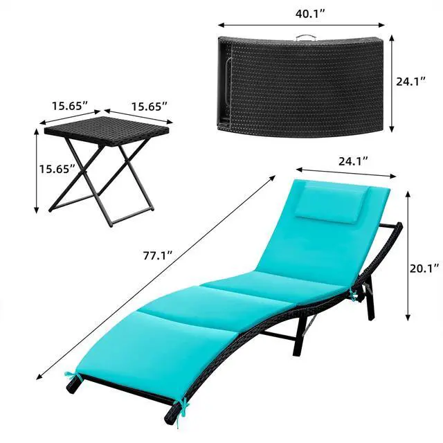 Alt view image 2 of 6 - Lounge Chairs for Outside 3 Pieces Patio Adjustable Chaise Lounge Outdoor Wicker Lounge Chairs Set of 2 with Table Folding Chaise Lounger for Poolside, Deck, Lawn (Blue)