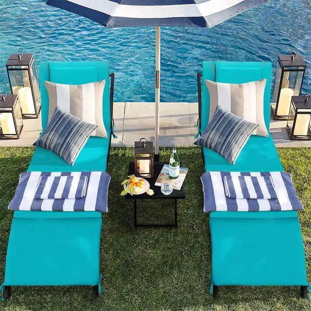 Alt view image 3 of 6 - Lounge Chairs for Outside 3 Pieces Patio Adjustable Chaise Lounge Outdoor Wicker Lounge Chairs Set of 2 with Table Folding Chaise Lounger for Poolside, Deck, Lawn (Blue)