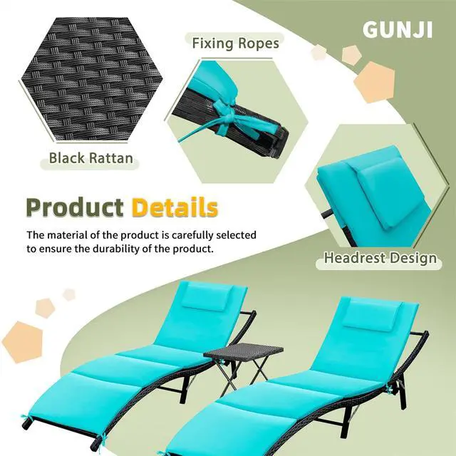 Alt view image 4 of 6 - Lounge Chairs for Outside 3 Pieces Patio Adjustable Chaise Lounge Outdoor Wicker Lounge Chairs Set of 2 with Table Folding Chaise Lounger for Poolside, Deck, Lawn (Blue)
