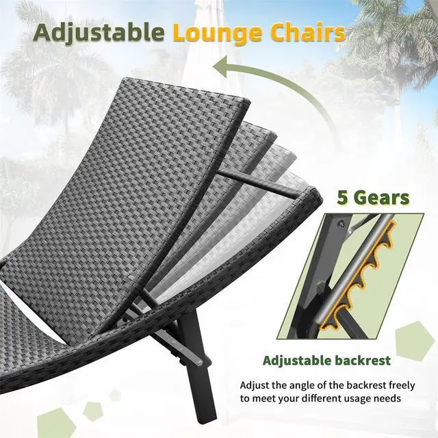 Alt view image 5 of 6 - Lounge Chairs for Outside 3 Pieces Patio Adjustable Chaise Lounge Outdoor Wicker Lounge Chairs Set of 2 with Table Folding Chaise Lounger for Poolside, Deck, Lawn (Blue)