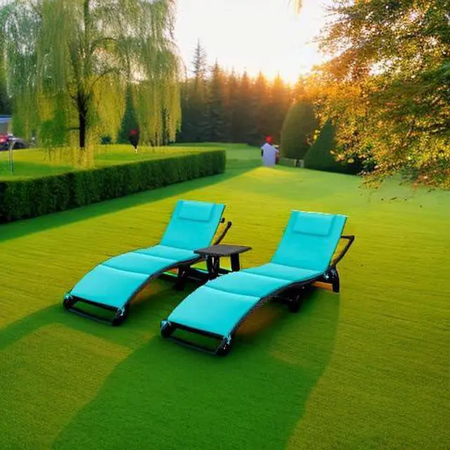 Alt view image 6 of 6 - Lounge Chairs for Outside 3 Pieces Patio Adjustable Chaise Lounge Outdoor Wicker Lounge Chairs Set of 2 with Table Folding Chaise Lounger for Poolside, Deck, Lawn (Blue)