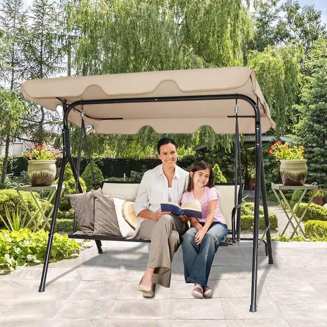 Alt view image 2 of 6 - 3 Person Patio Swing, Steel Frame with Polyester Angle Adjustable Canopy, All Weather Resistant Swing Bench, Suitable for Patio, Garden, Poolside, Balcony (Brown)