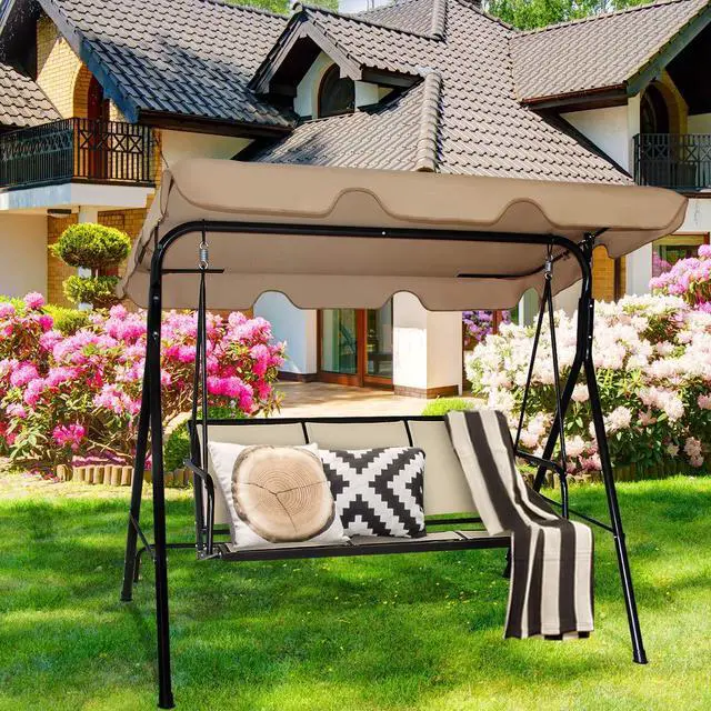 Alt view image 3 of 6 - 3 Person Patio Swing, Steel Frame with Polyester Angle Adjustable Canopy, All Weather Resistant Swing Bench, Suitable for Patio, Garden, Poolside, Balcony (Brown)