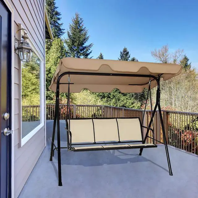 Alt view image 4 of 6 - 3 Person Patio Swing, Steel Frame with Polyester Angle Adjustable Canopy, All Weather Resistant Swing Bench, Suitable for Patio, Garden, Poolside, Balcony (Brown)