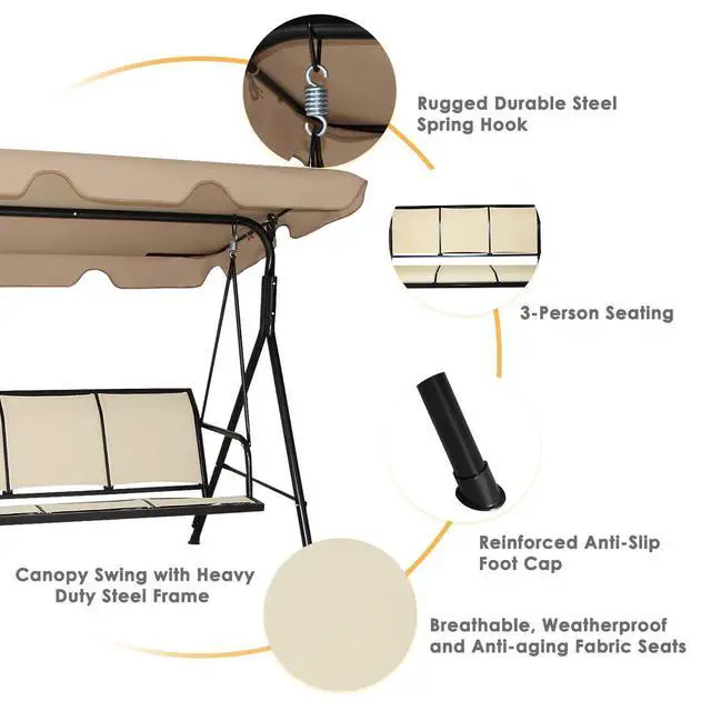 Alt view image 5 of 6 - 3 Person Patio Swing, Steel Frame with Polyester Angle Adjustable Canopy, All Weather Resistant Swing Bench, Suitable for Patio, Garden, Poolside, Balcony (Brown)