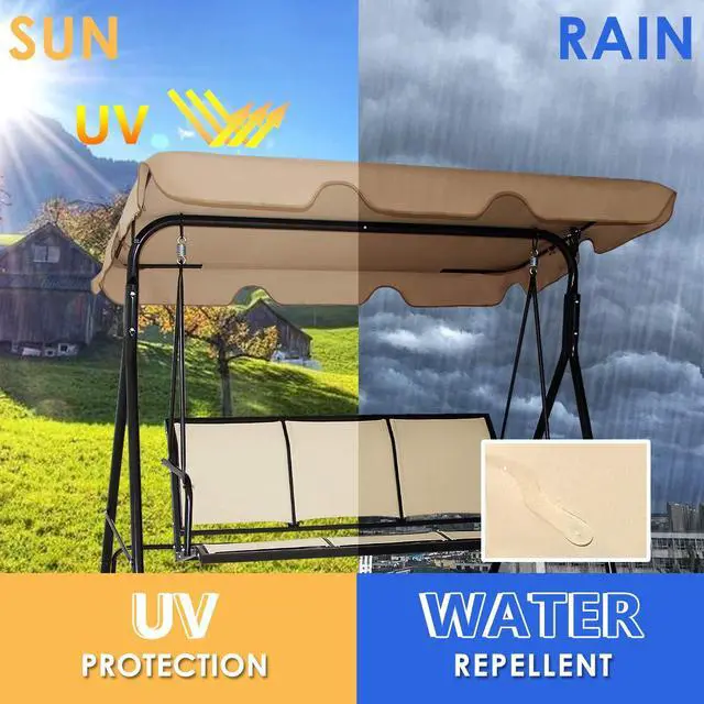 Alt view image 6 of 6 - 3 Person Patio Swing, Steel Frame with Polyester Angle Adjustable Canopy, All Weather Resistant Swing Bench, Suitable for Patio, Garden, Poolside, Balcony (Brown)
