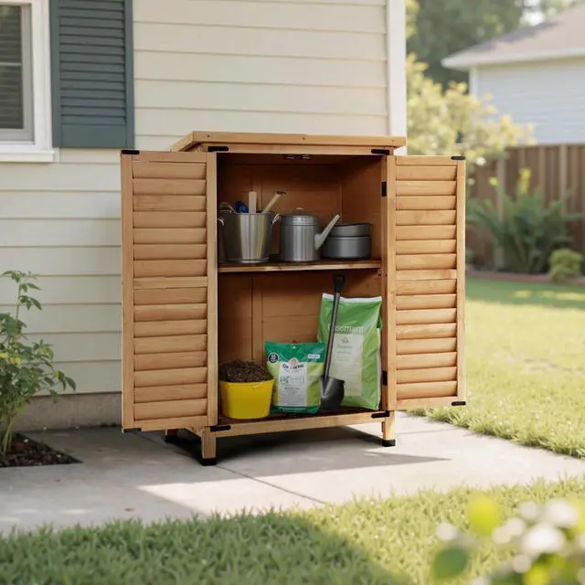 Alt view image 2 of 6 - Outdoor Storage Cabinet, Small Storage Shed with Removable Shelf, Wood Garden Shed with 2 Doors for Yard Patio Lawn (24.6 x 18.3 x 38.2 inch) 0985 (Yellow)