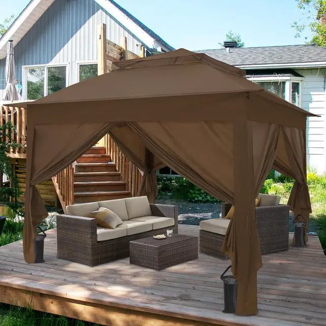 Main image of 11x11 Pop Up Gazebo with 4 Sidewalls, Instant Outdoor Canopy Tent with UPF 50+ UV Protection, Water Resistant Shelter with Carry Bag, Stakes & Ropes, Brown