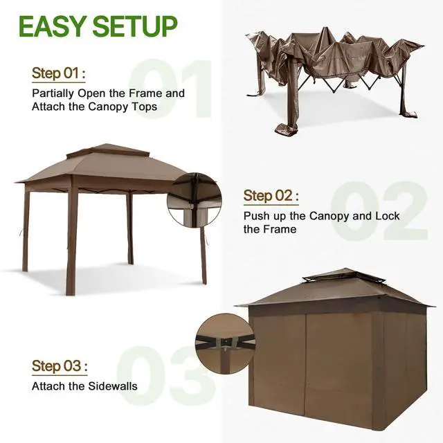 Alt view image 2 of 6 - 11x11 Pop Up Gazebo with 4 Sidewalls, Instant Outdoor Canopy Tent with UPF 50+ UV Protection, Water Resistant Shelter with Carry Bag, Stakes & Ropes, Brown