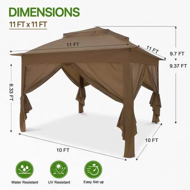 Alt view image 3 of 6 - 11x11 Pop Up Gazebo with 4 Sidewalls, Instant Outdoor Canopy Tent with UPF 50+ UV Protection, Water Resistant Shelter with Carry Bag, Stakes & Ropes, Brown