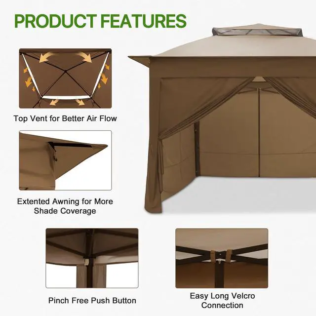 Alt view image 4 of 6 - 11x11 Pop Up Gazebo with 4 Sidewalls, Instant Outdoor Canopy Tent with UPF 50+ UV Protection, Water Resistant Shelter with Carry Bag, Stakes & Ropes, Brown