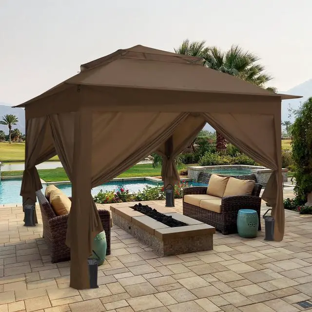 Alt view image 5 of 6 - 11x11 Pop Up Gazebo with 4 Sidewalls, Instant Outdoor Canopy Tent with UPF 50+ UV Protection, Water Resistant Shelter with Carry Bag, Stakes & Ropes, Brown