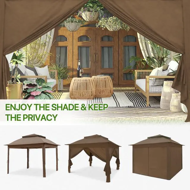 Alt view image 6 of 6 - 11x11 Pop Up Gazebo with 4 Sidewalls, Instant Outdoor Canopy Tent with UPF 50+ UV Protection, Water Resistant Shelter with Carry Bag, Stakes & Ropes, Brown