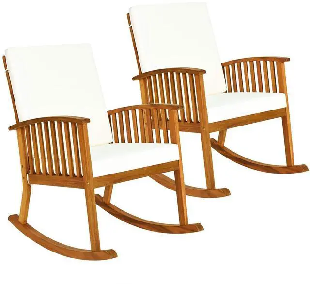 Main image of 2 PCS Outdoor Acacia Wood Rocking Chair, Wooden Rocker w/Detachable Washable Cushions, Rocker for Porch Garden Patio Balcony Pool Indoor (2, Teak)