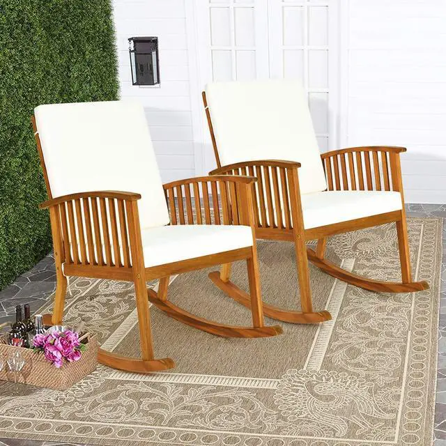 Alt view image 2 of 6 - 2 PCS Outdoor Acacia Wood Rocking Chair, Wooden Rocker w/Detachable Washable Cushions, Rocker for Porch Garden Patio Balcony Pool Indoor (2, Teak)