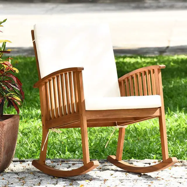 Alt view image 4 of 6 - 2 PCS Outdoor Acacia Wood Rocking Chair, Wooden Rocker w/Detachable Washable Cushions, Rocker for Porch Garden Patio Balcony Pool Indoor (2, Teak)