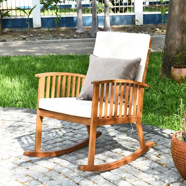 Alt view image 5 of 6 - 2 PCS Outdoor Acacia Wood Rocking Chair, Wooden Rocker w/Detachable Washable Cushions, Rocker for Porch Garden Patio Balcony Pool Indoor (2, Teak)