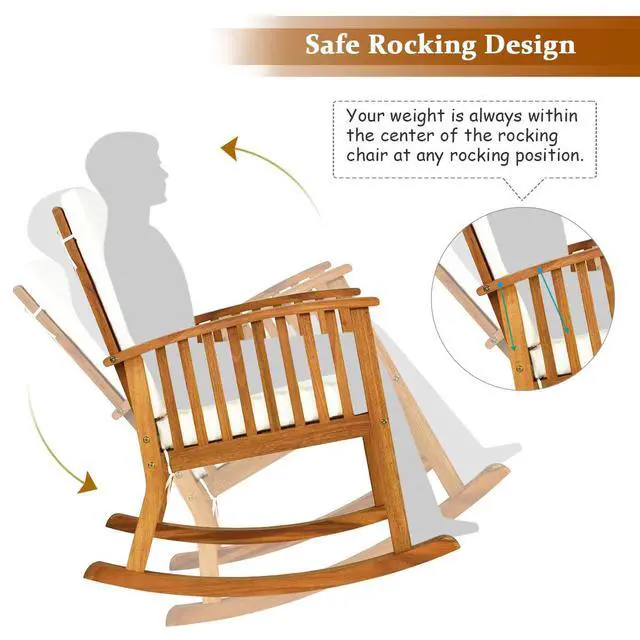 Alt view image 6 of 6 - 2 PCS Outdoor Acacia Wood Rocking Chair, Wooden Rocker w/Detachable Washable Cushions, Rocker for Porch Garden Patio Balcony Pool Indoor (2, Teak)
