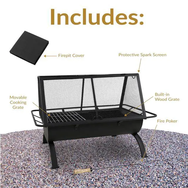 Alt view image 3 of 6 - Sunnydaze 36-Inch Northland Steel Outdoor Fire Pit with Grill - Outdoor Fireplace with Cooking Grate, Spark Screen, Cover, and Poker