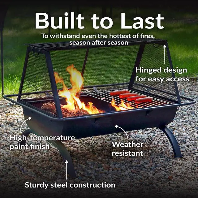 Alt view image 4 of 6 - Sunnydaze 36-Inch Northland Steel Outdoor Fire Pit with Grill - Outdoor Fireplace with Cooking Grate, Spark Screen, Cover, and Poker