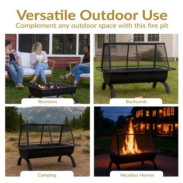 Alt view image 6 of 6 - Sunnydaze 36-Inch Northland Steel Outdoor Fire Pit with Grill - Outdoor Fireplace with Cooking Grate, Spark Screen, Cover, and Poker