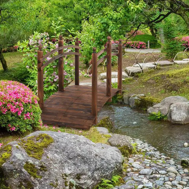 Alt view image 2 of 6 - 7.5' Wooden Arch Garden Bridge, Safety Rails for Backyard Ponds, Creeks, Streams, Carbonized